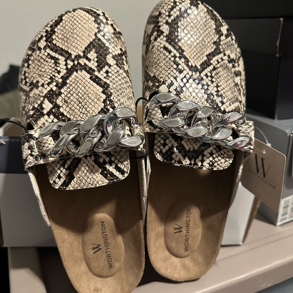 Worthington Cream and Black Mules with Chain Detail